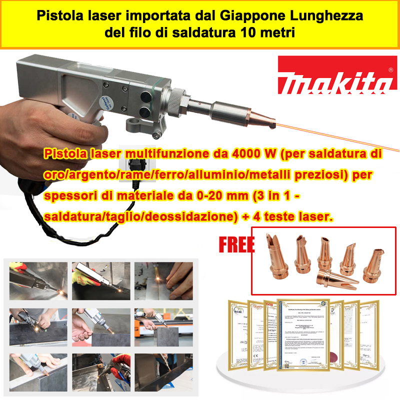 Pistola laser multifunzione da 4000 W (per saldatura di oro/argento/rame/ferro/alluminio/metalli preziosi) per spessori di materiale da 0-20 mm (3 in 1 - saldatura/taglio/deossidazione) + 4 teste laser.