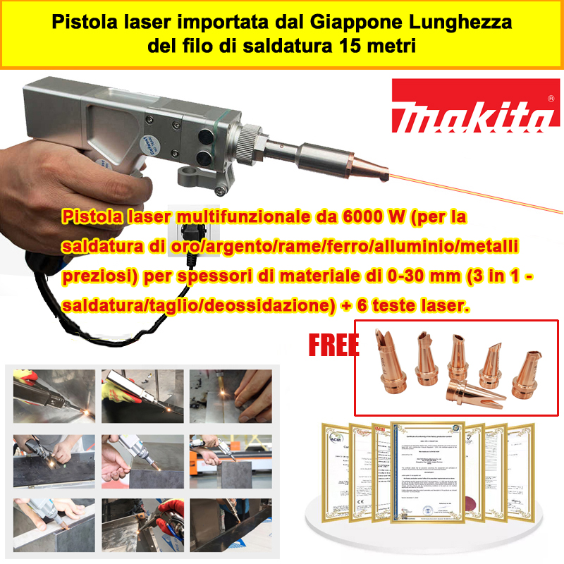 Pistola laser multifunzionale da 6000 W (per la saldatura di oro/argento/rame/ferro/alluminio/metalli preziosi) per spessori di materiale di 0-30 mm (3 in 1 - saldatura/taglio/deossidazione) + 6 teste laser.