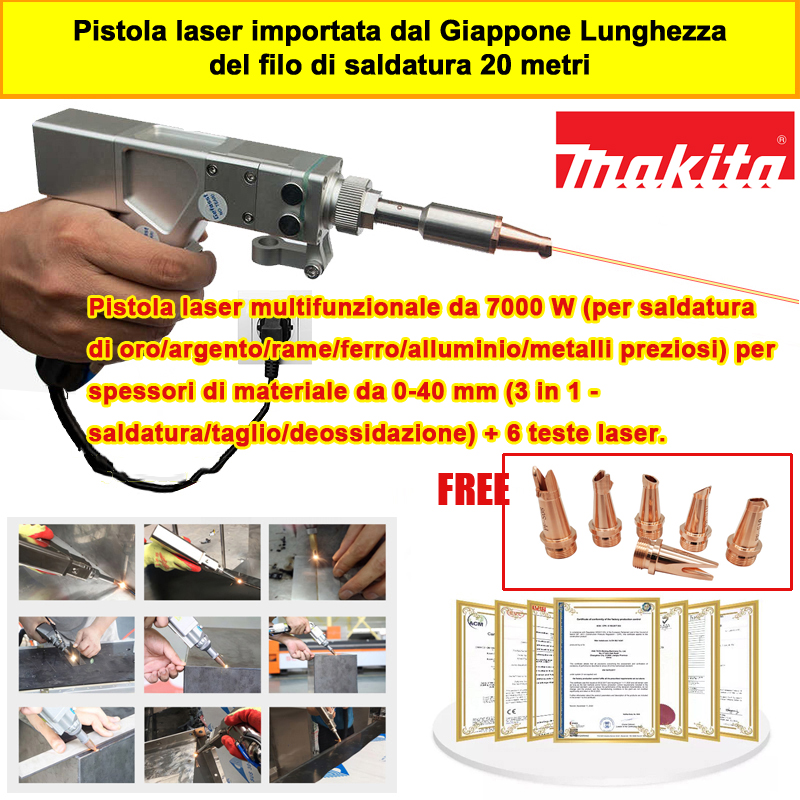 Pistola laser multifunzionale da 7000 W (per saldatura di oro/argento/rame/ferro/alluminio/metalli preziosi) per spessori di materiale da 0-40 mm (3 in 1 - saldatura/taglio/deossidazione) + 6 teste laser.